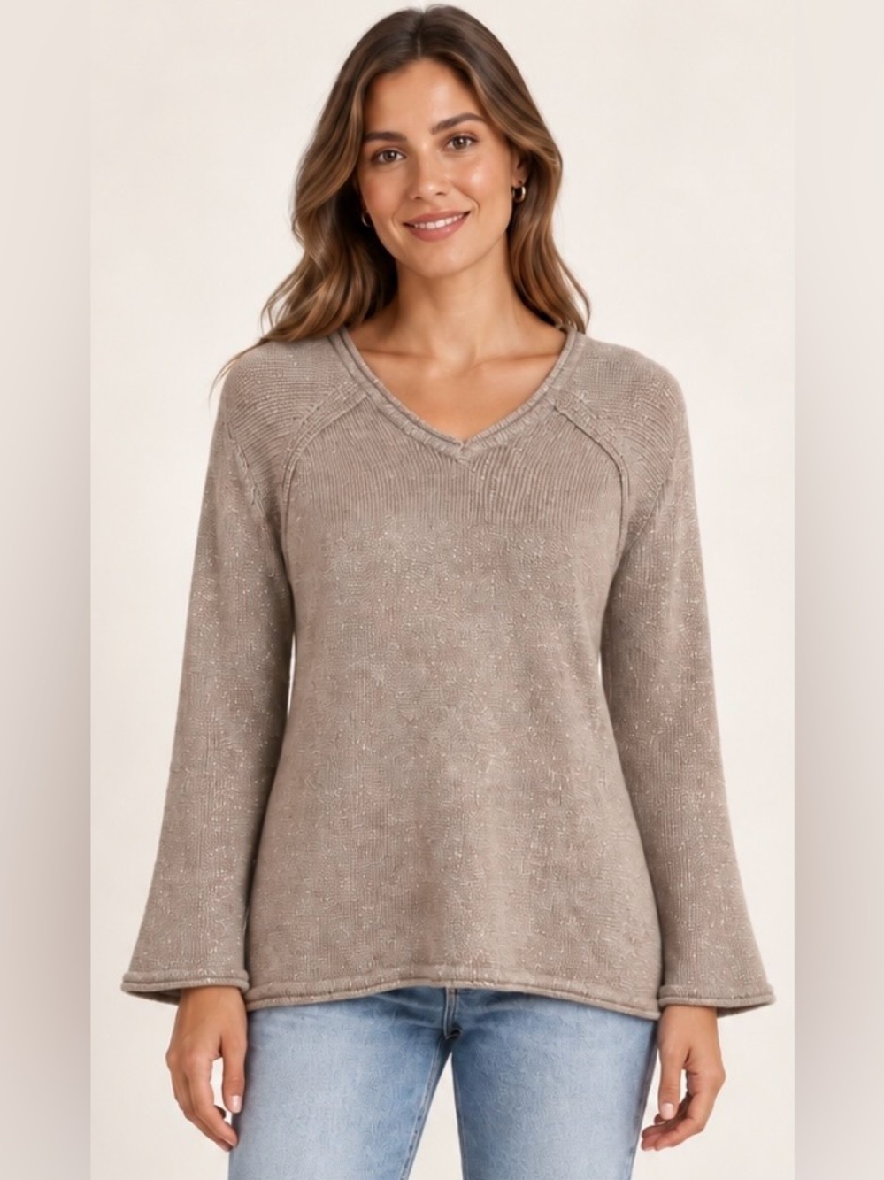 Democracy Taupe Gold Metallic Shimmer V-Neck Pullover Sweater M